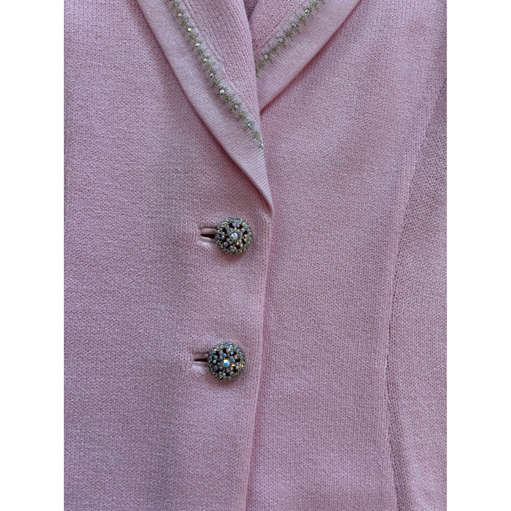 St. John Evening Marie Gray Pink Knit Skirt Suit Rhinestone Trim Blazer Set 6 - Picture 7 of 13